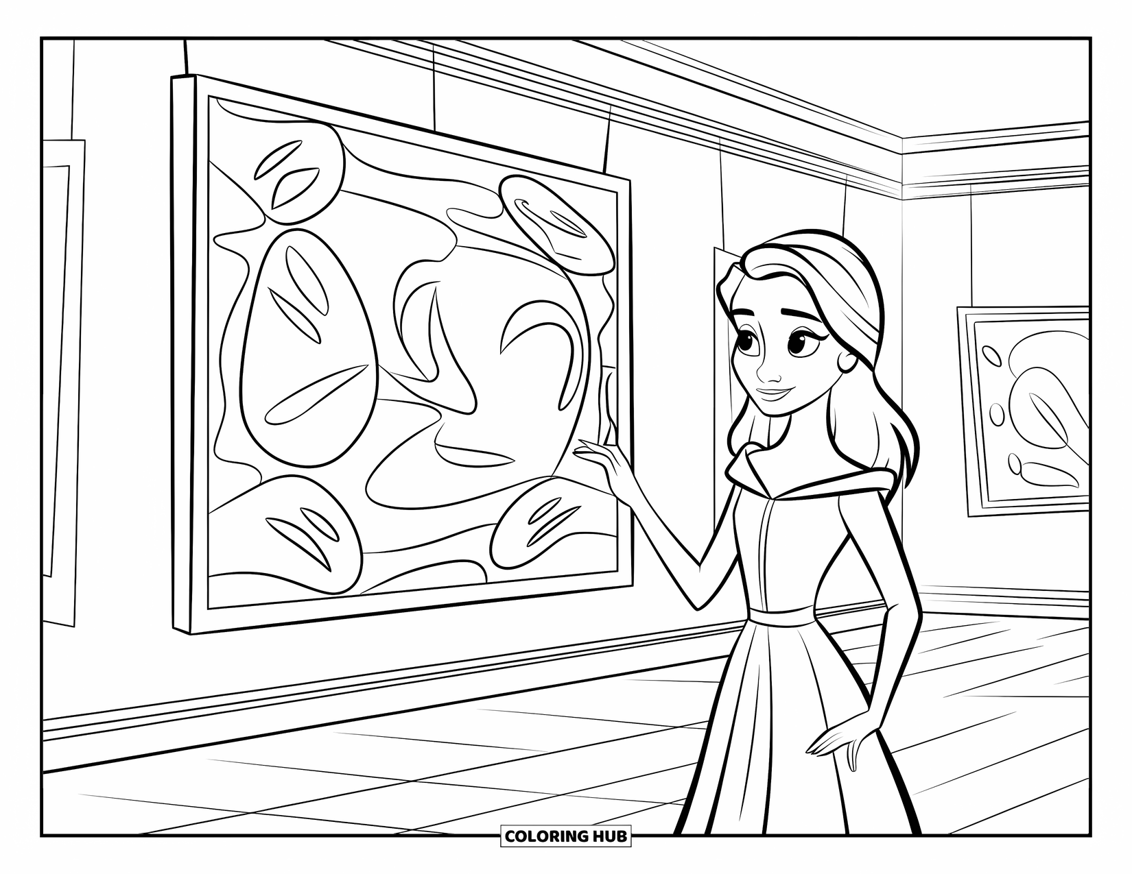 Fashion Dress Coloring Page for Kids: A teen girl in an elegant dress stands before a bold, abstract painting