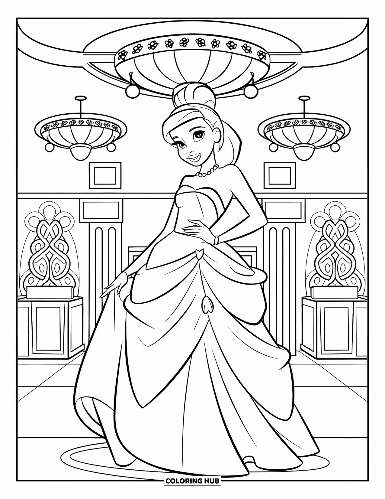 Fashion Dress Coloring Page for Kids: A teen girl poses elegantly in a gown at prom night in a ballroom