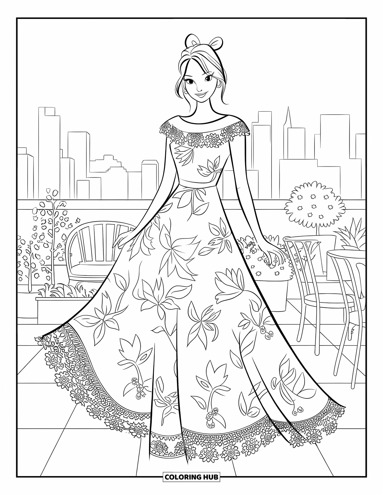 Fashion Dress Coloring Page for Kids: A woman in a floral dress stands at a chic rooftop party with plants and chairs