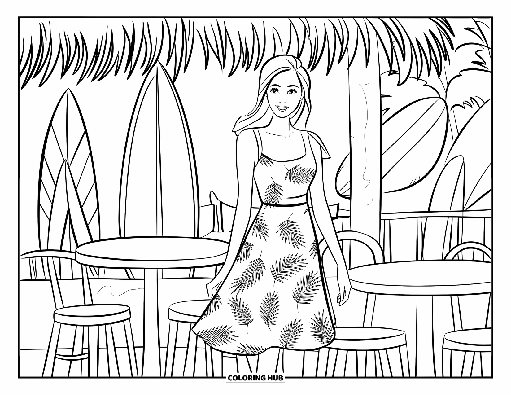 Fashion Dress Coloring Page for Kids: A woman in a palm leaf dress stands by surfboards at a beach café