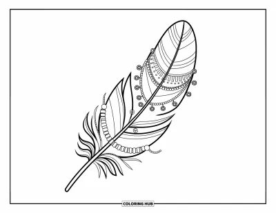 Desen de colorat cu pană pentru adulți: O pană în stil boho cu mărgele și detalii florale