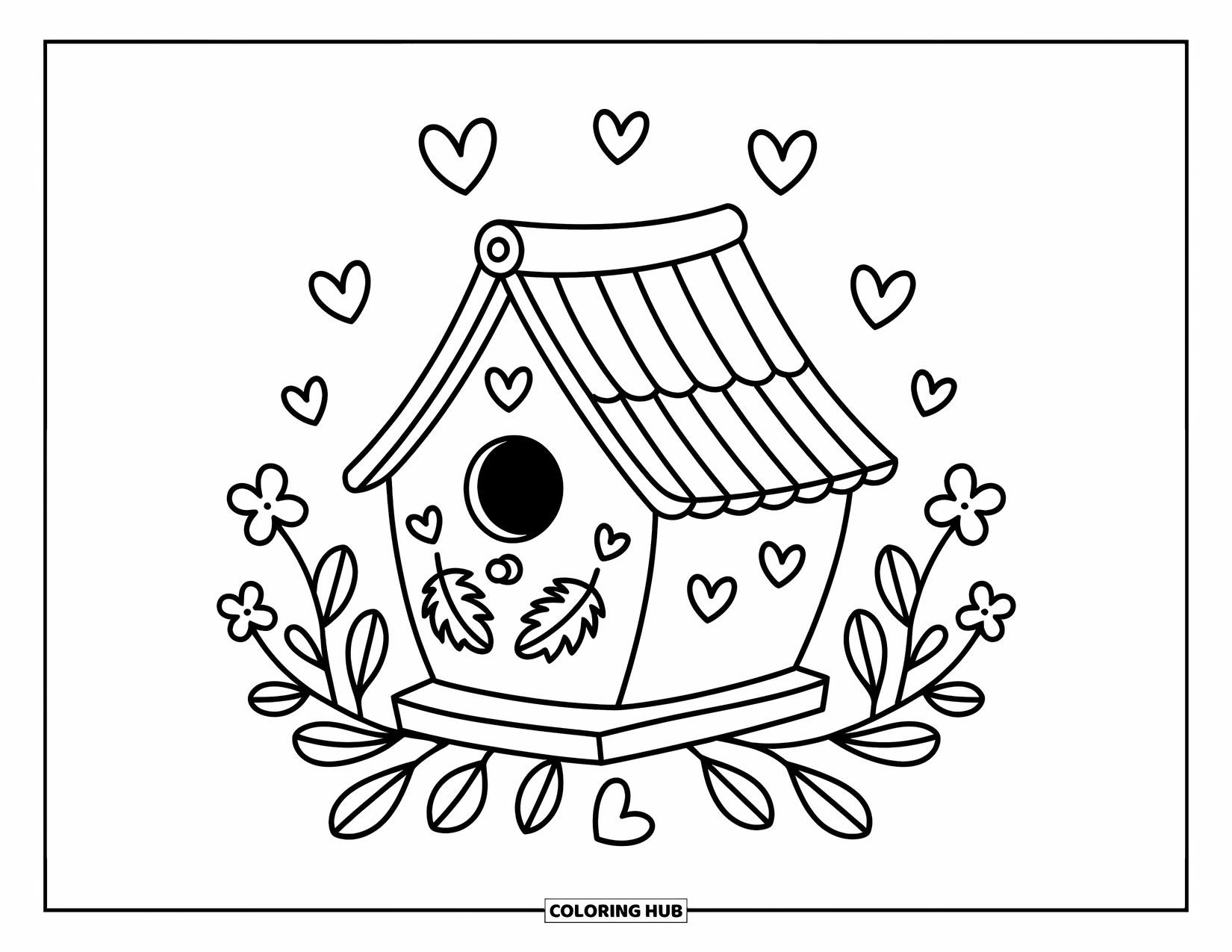 Feather Coloring Page for Adults: A cute birdhouse with feather charms and soft flowers