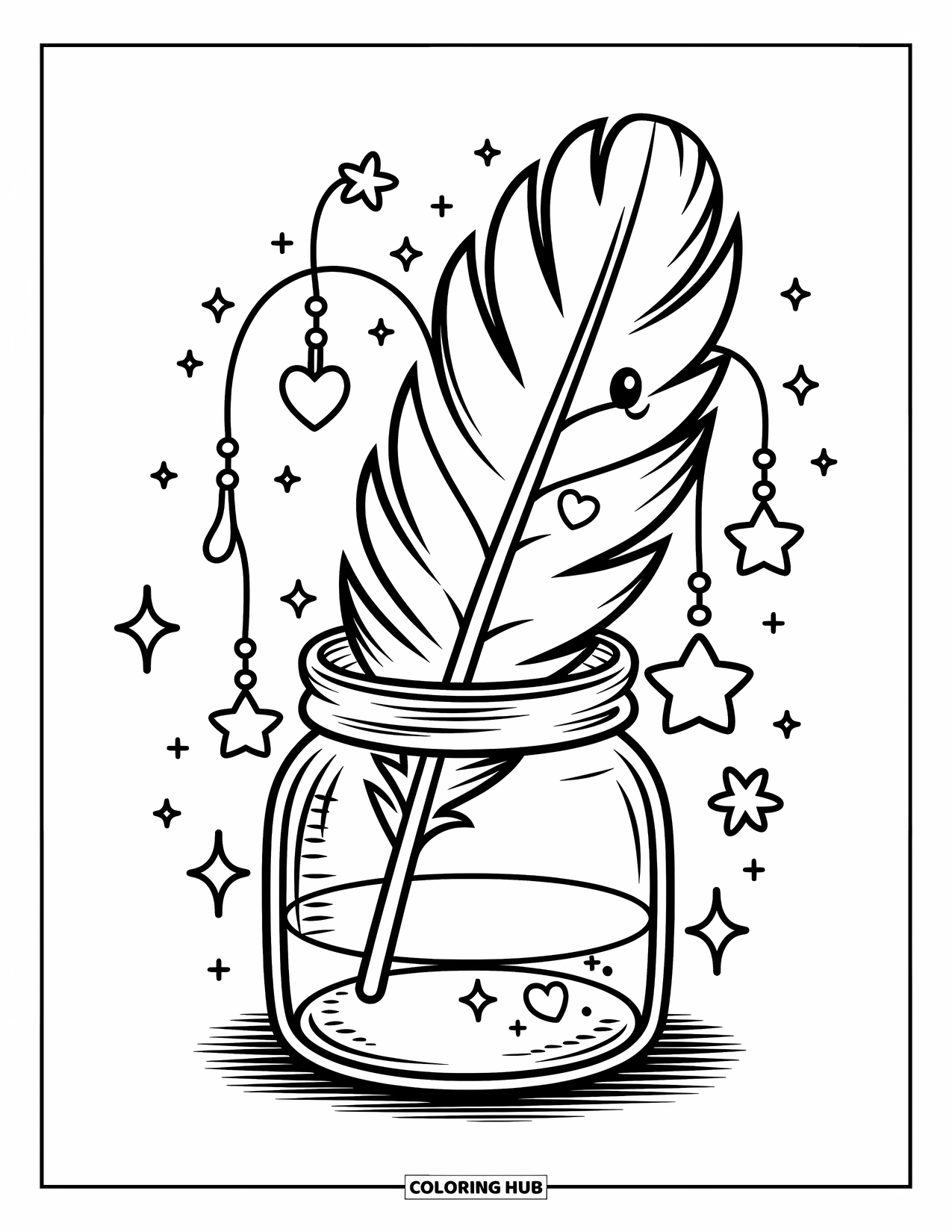 Feather Coloring Page for Adults: A feather inside a jar with star and heart charms