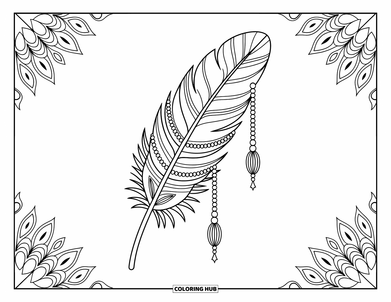 Feather Coloring Page for Adults: A feather with beads and floral designs surrounded by intricate borders