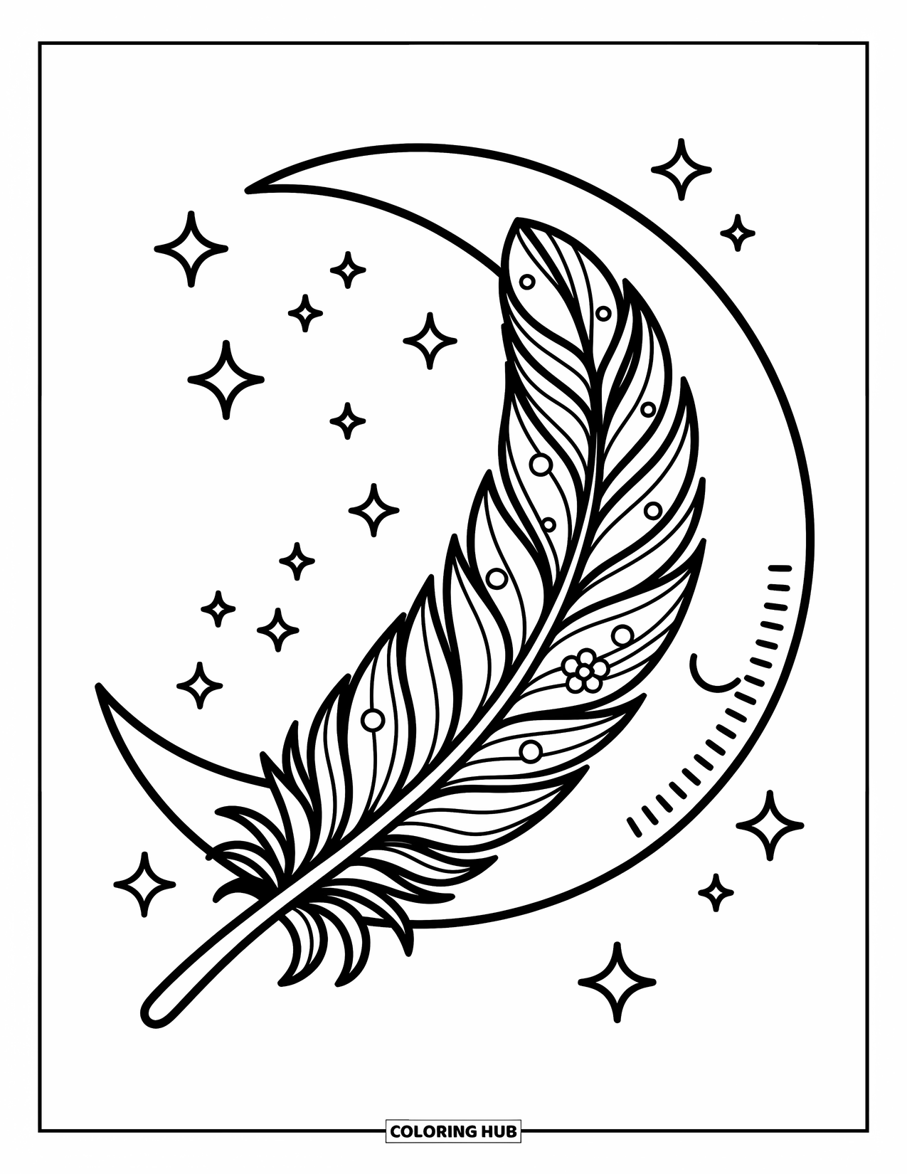 Feather Coloring Page for Adults: A feather with flowers and stars beside a crescent moon