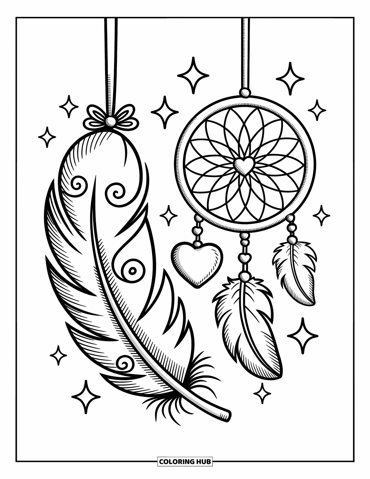 Feather Coloring Page for Adults: A feather with swirls and a dreamcatcher with heart charms