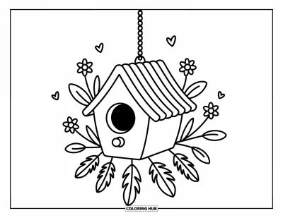 Desen de colorat cu pană pentru adulți: O căsuță kawaii pentru păsări cu farmece de pene și inimi plutitoare