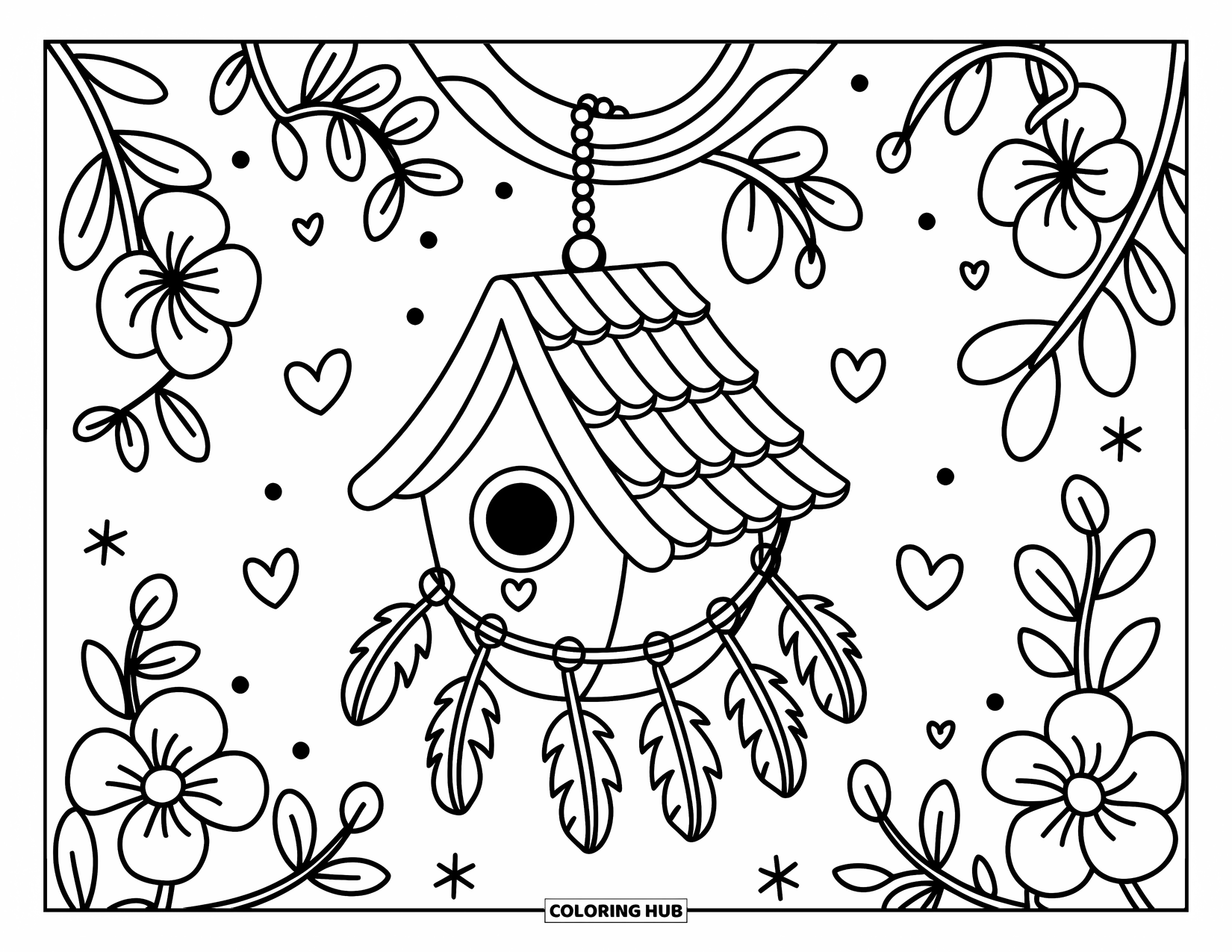 Feather Coloring Page for Adults: A kawaii birdhouse with feathers and tiny floating hearts