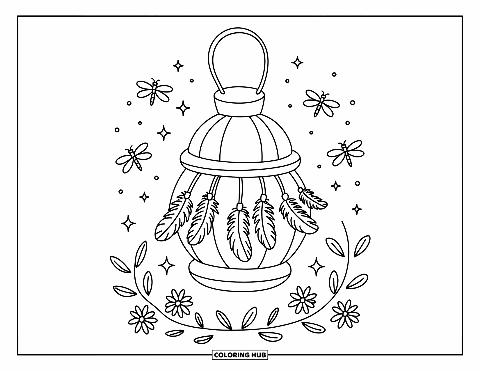 Feather Coloring Page for Adults: A lantern with soft feathers and tiny fireflies around it