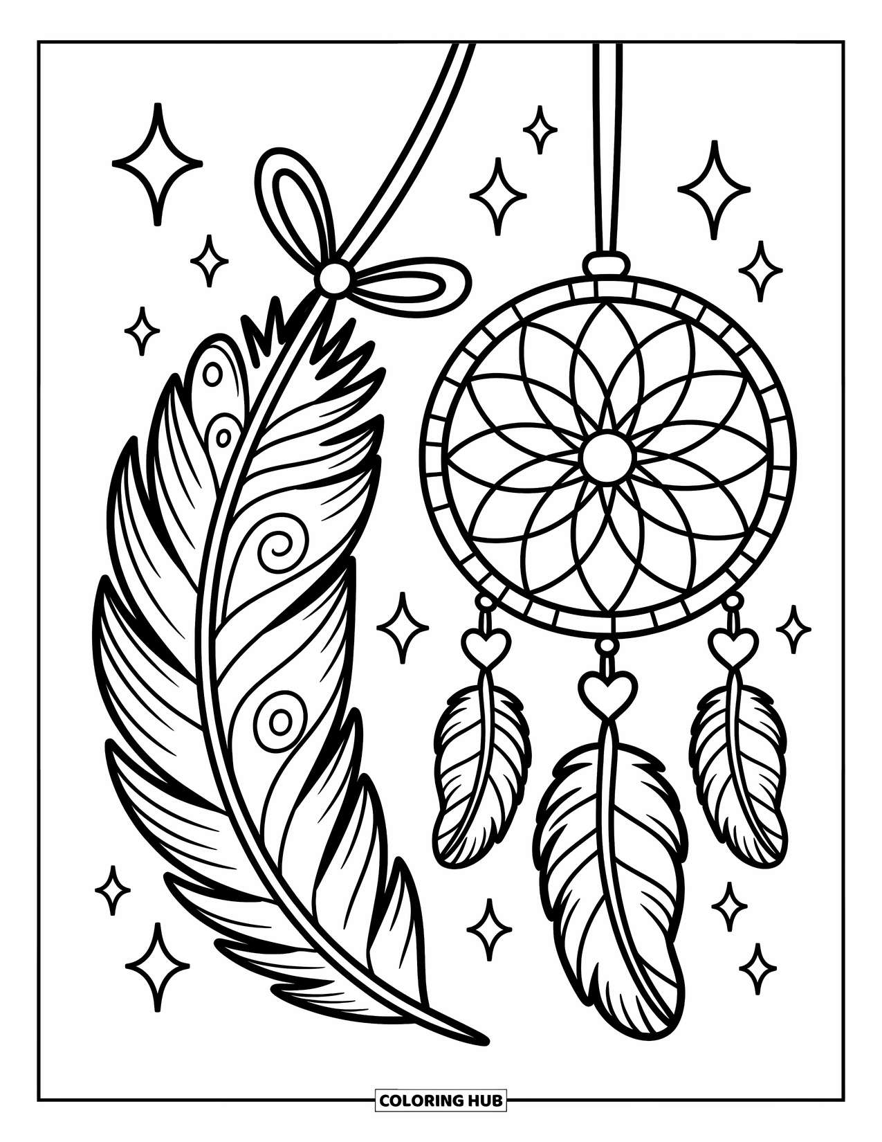 Feather Coloring Page for Adults: A large feather with a dreamcatcher and soft star charms