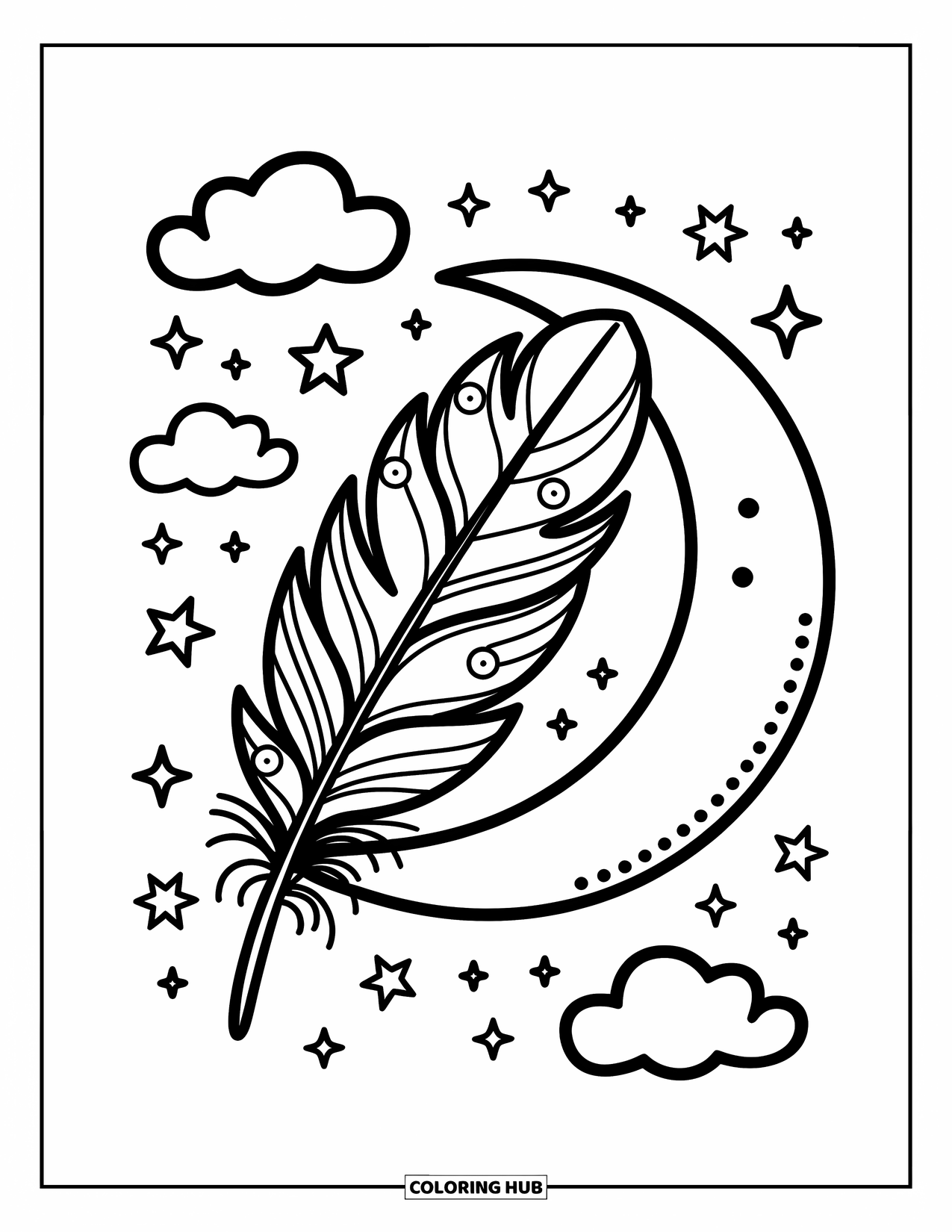 Feather Coloring Page for Adults: A large feather with flowers beside a crescent moon