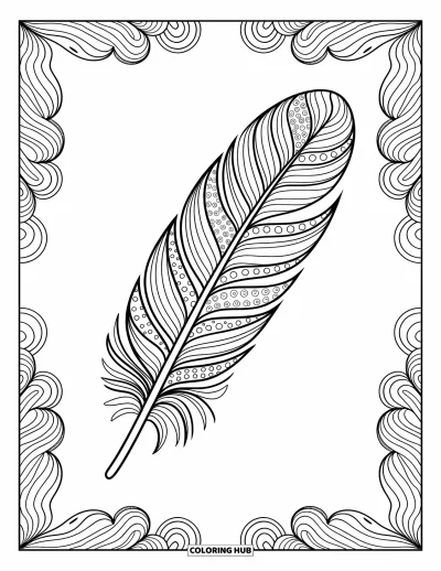 Desen de colorat cu pană pentru adulți: O pană zentangle cu curbe și borduri detaliate