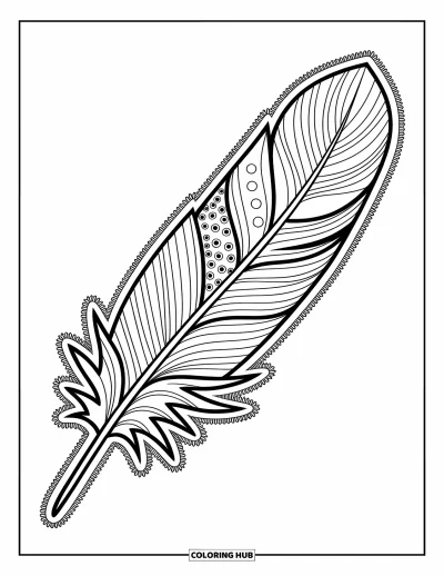 Desen de colorat cu pană pentru adulți: O pană zentangle cu linii vârtej, puncte și curbe