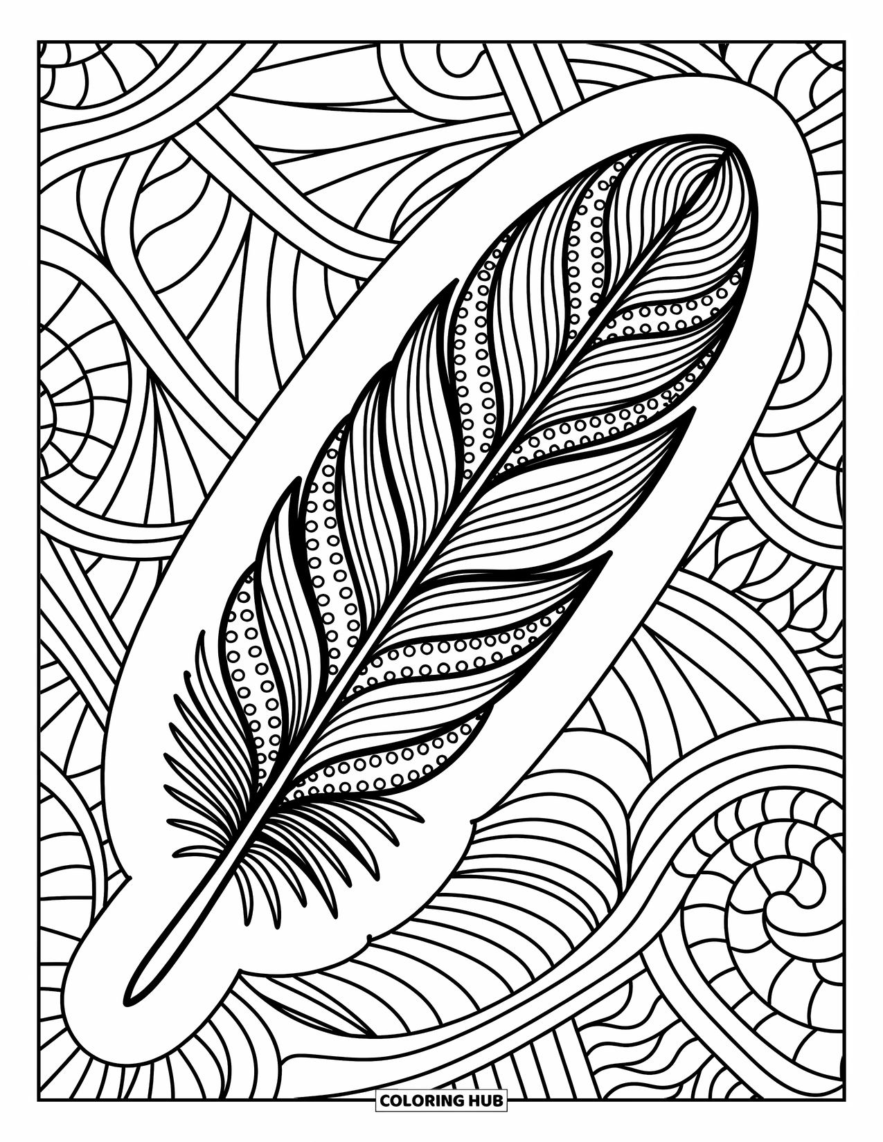 Feather Coloring Page for Adults: A zentangle feather with swirls, dots, and intricate patterns