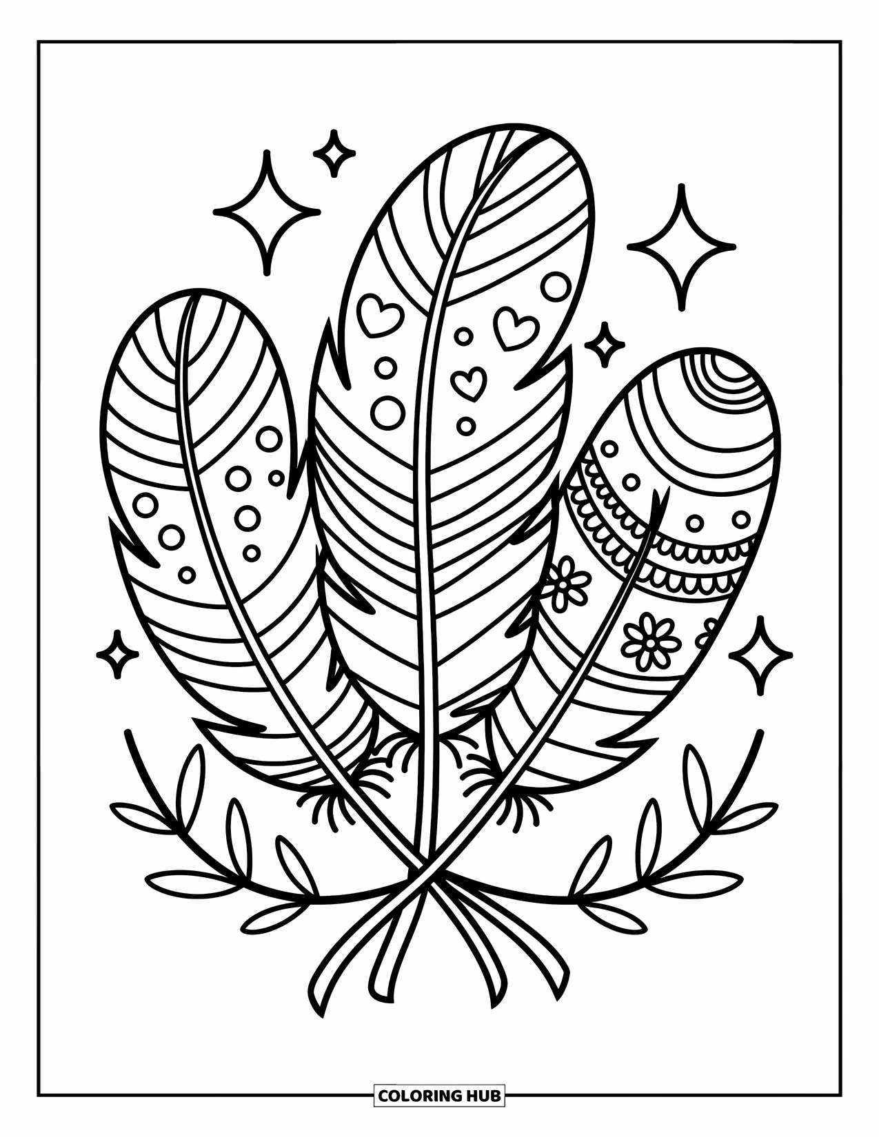 Feather Coloring Page for Adults: Three patterned feathers tied with a soft ribbon