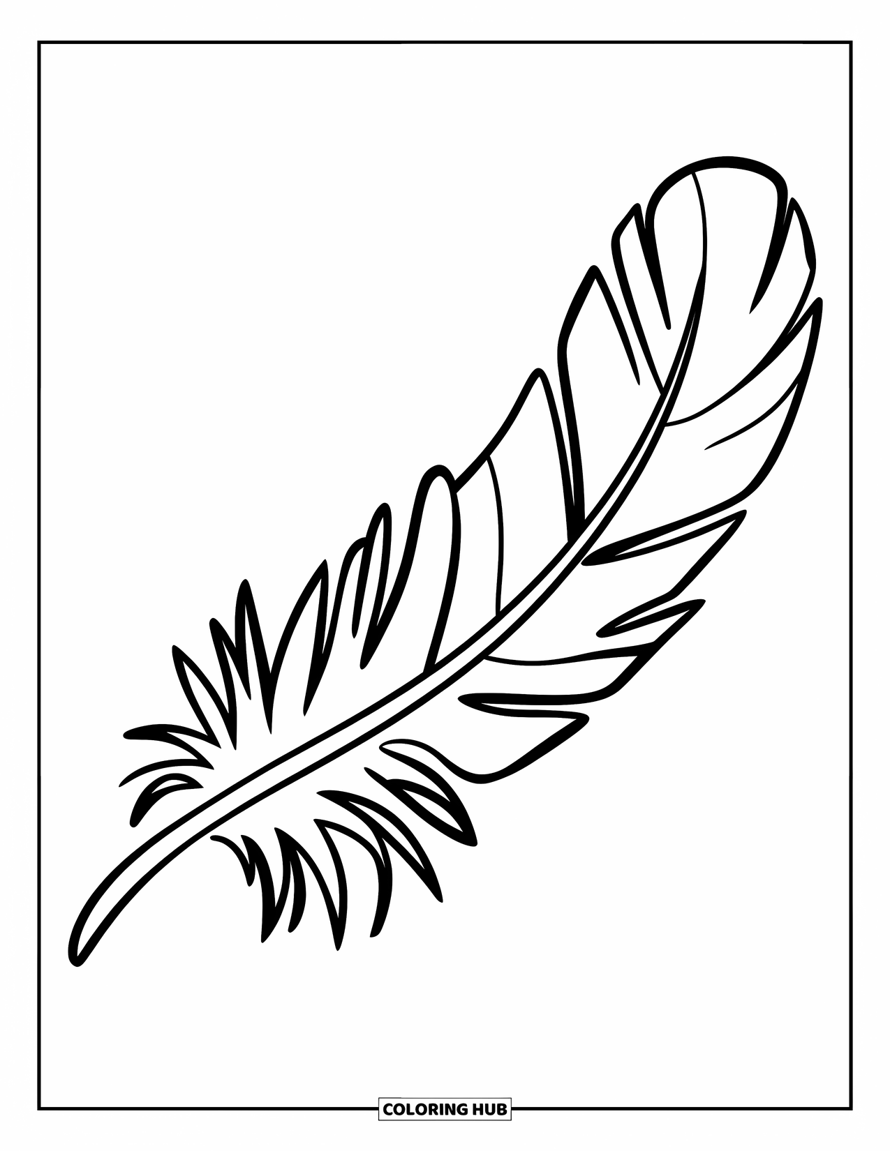 Feather Coloring Page for Kids: A curved feather with straight texture lines and bold outlines