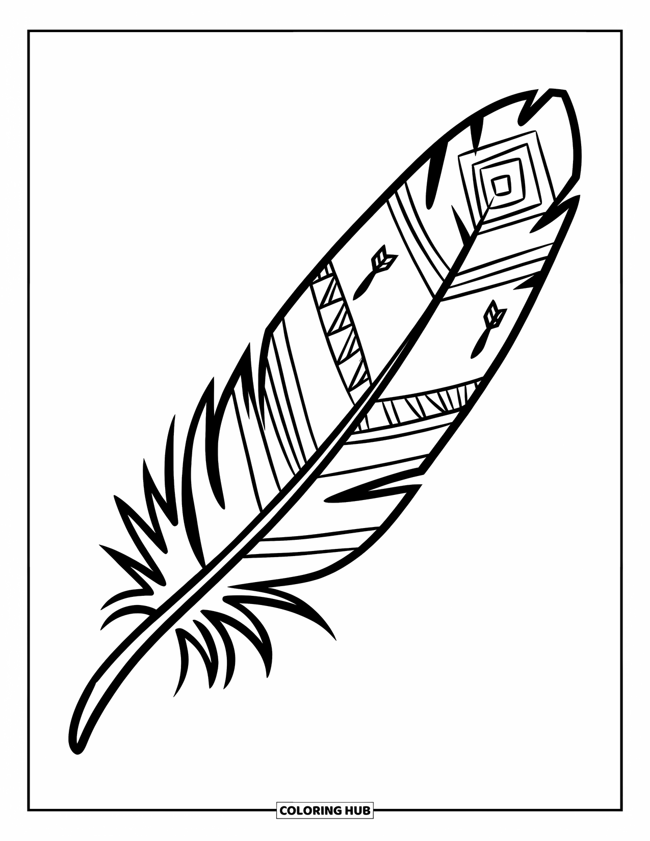 Feather Coloring Page for Kids: A curved feather with tribal lines and arrows along its length