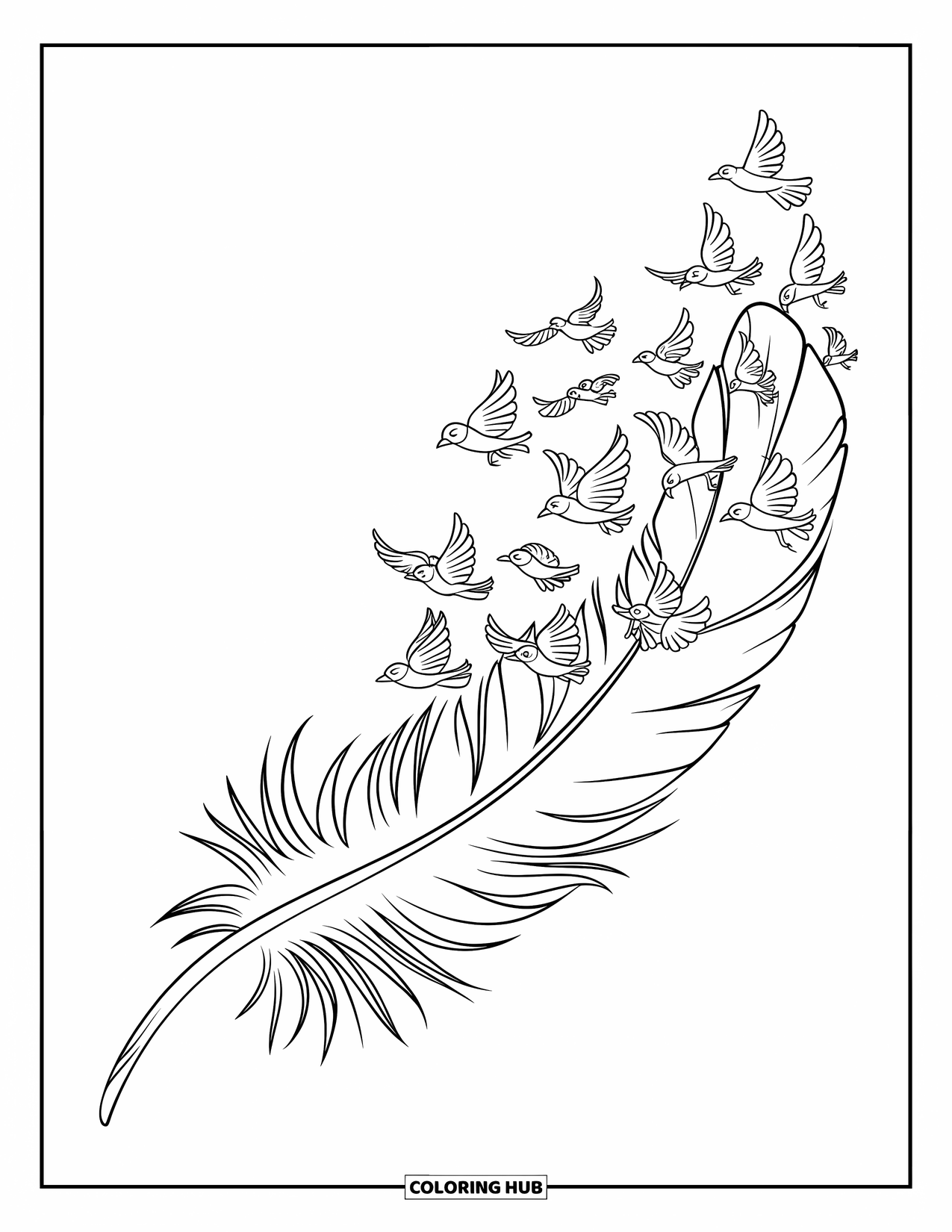 Feather Coloring Page for Kids: A feather breaking into tiny birds flying in different directions