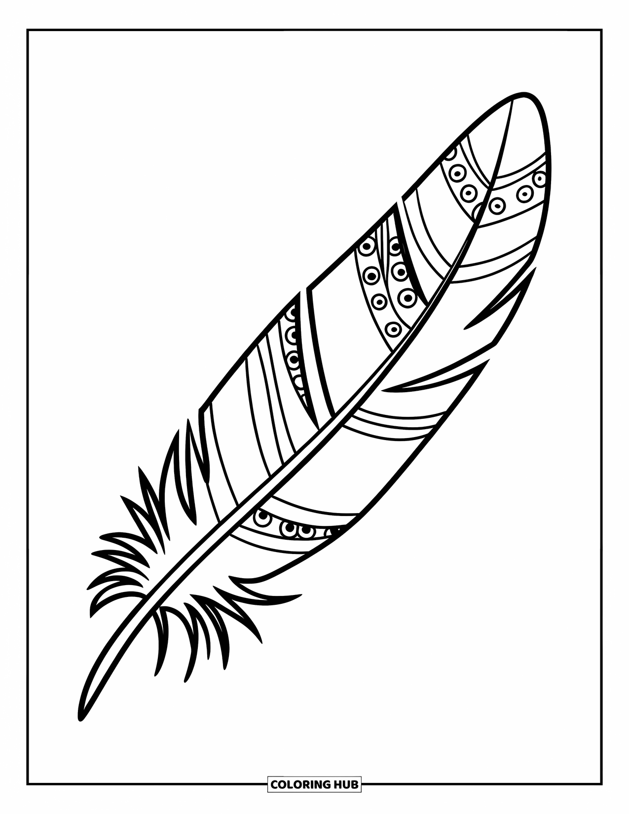 Feather Coloring Page for Kids: A feather divided into sections with stars, circles, and waves