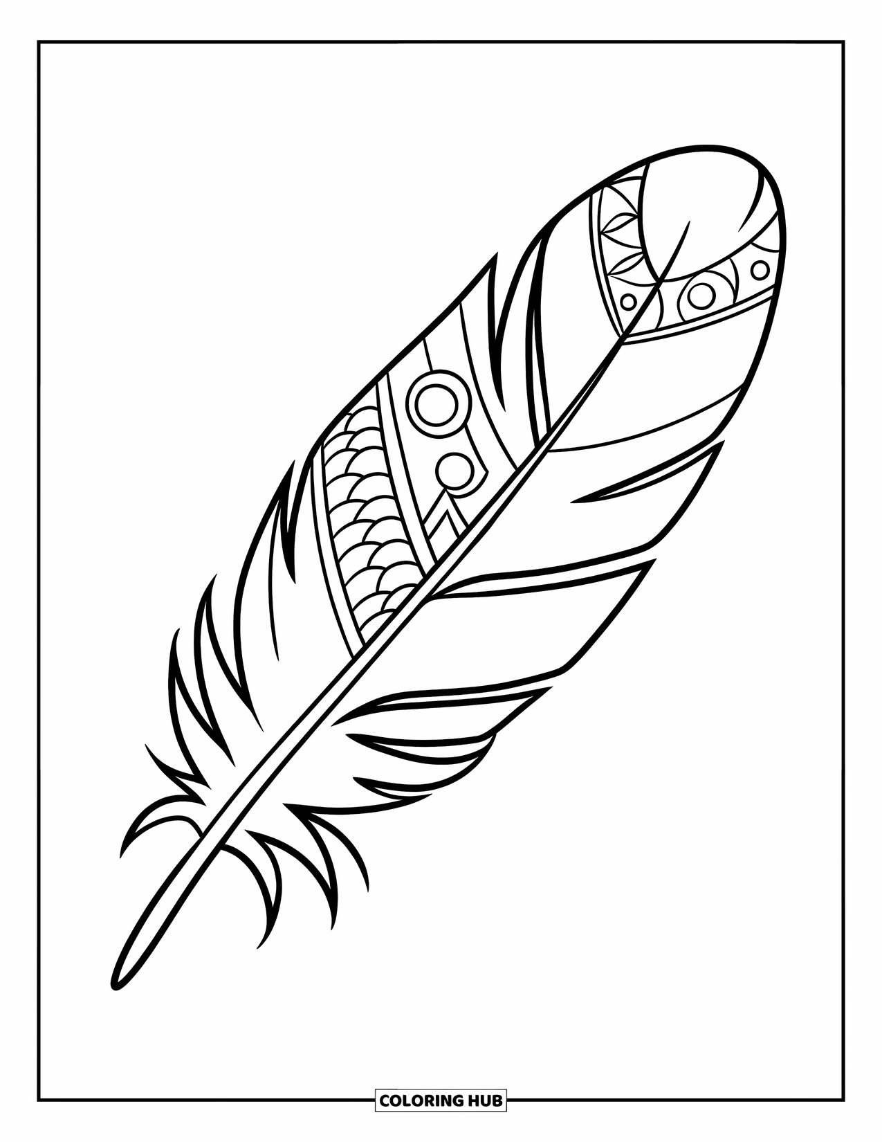 Feather Coloring Page for Kids: A feather split into sections with alternating circles and triangles