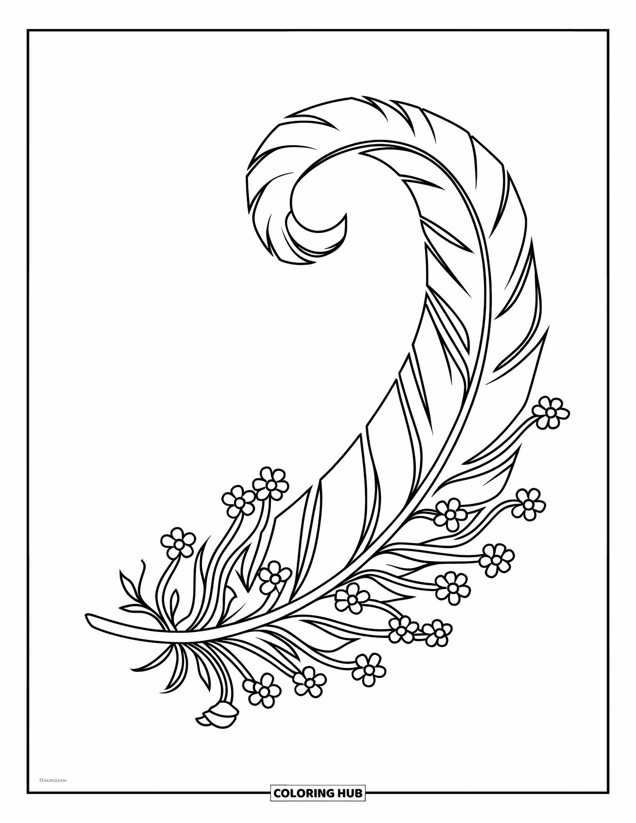 Feather Coloring Page for Kids: A feather with intricate vines and small flowers curling around it