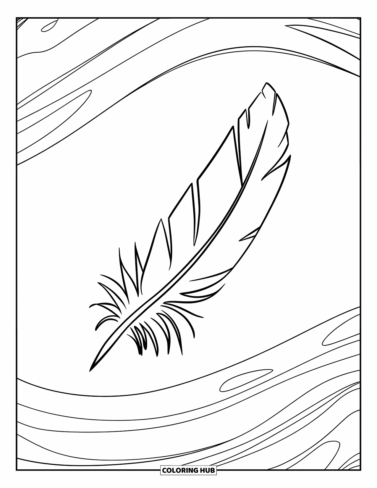 Feather Coloring Page for Kids: A feather with swirl lines extending outwards