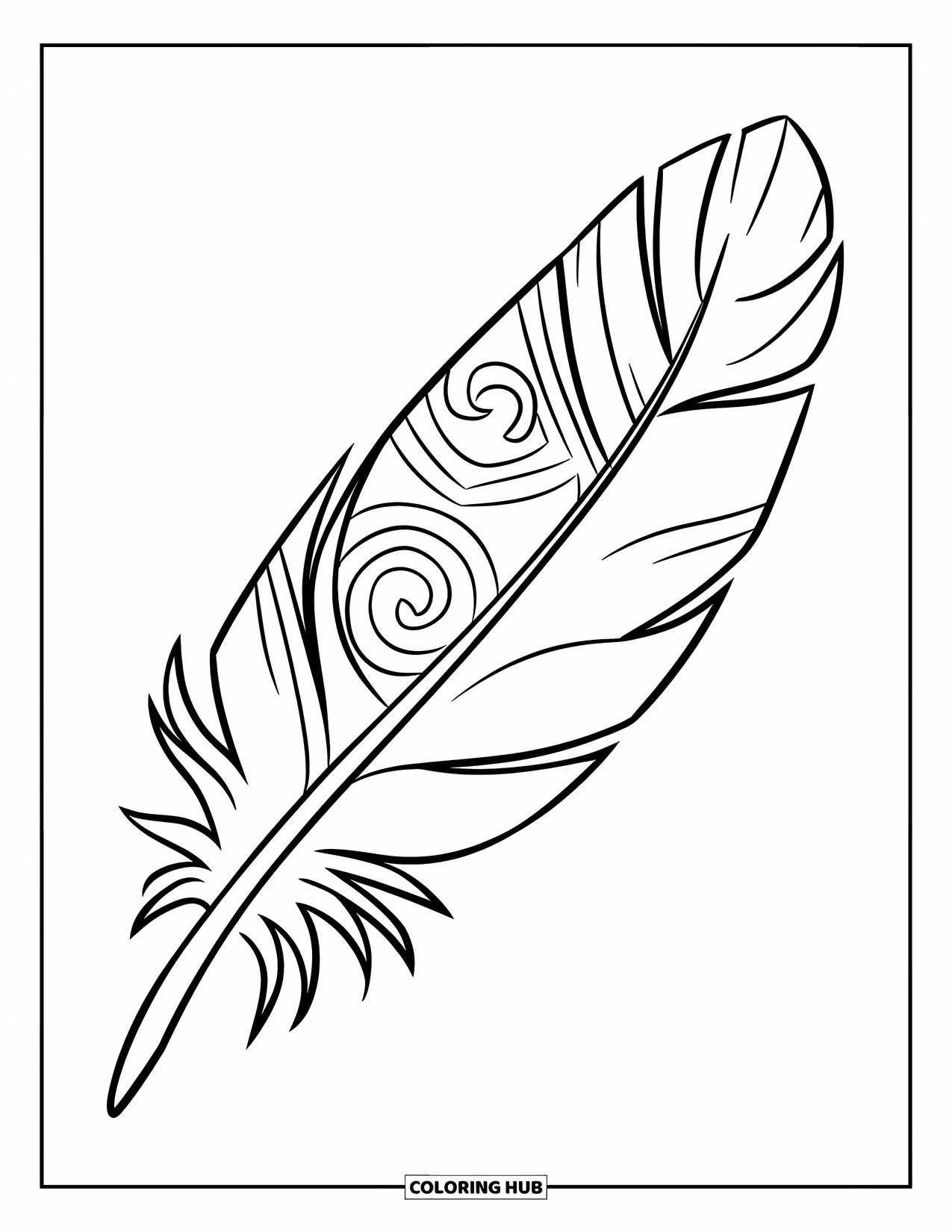 Feather Coloring Page for Kids: A feather with swirls and simple patterns inside