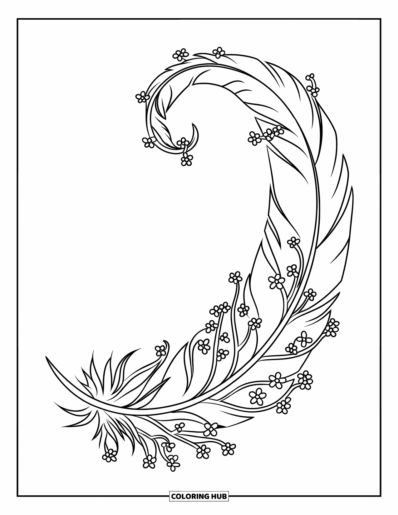 Feather Coloring Page for Kids: A feather with vines and tiny flowers winding around it