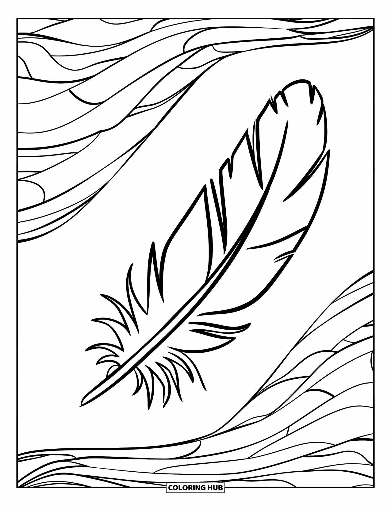 Feather Coloring Page for Kids: A floating feather with swirls around it