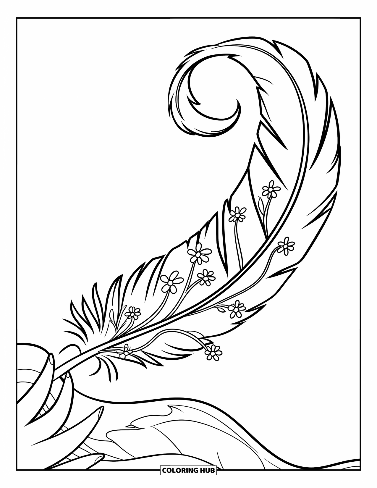 Feather Coloring Page for Kids: A long feather wrapped in vines and small flowers