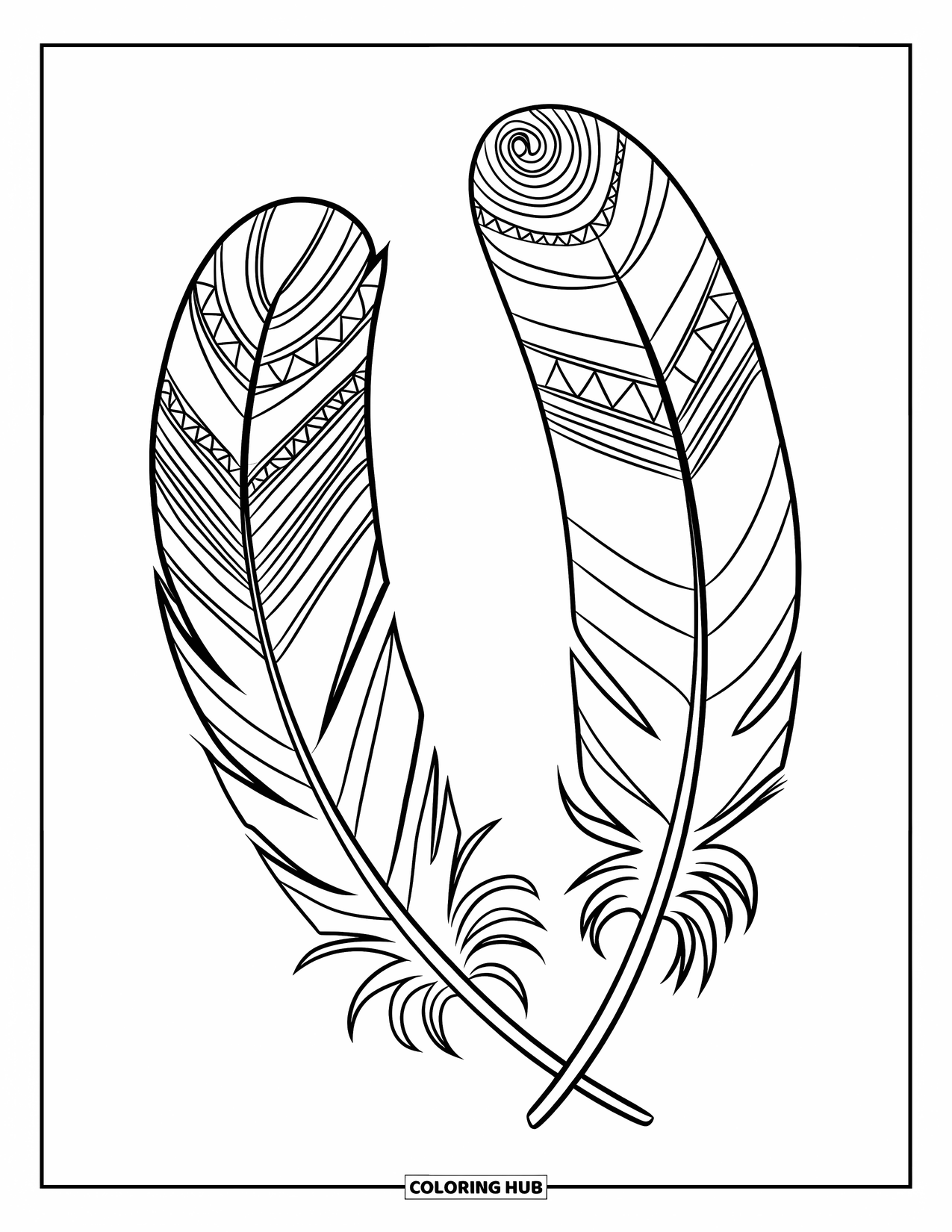 Feather Coloring Page for Kids: A pair of feathers with intricate tribal patterns