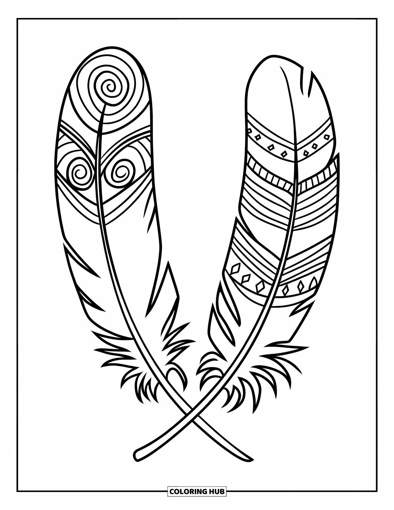 Feather Coloring Page for Kids: A pair of feathers with spiral and tribal patterns