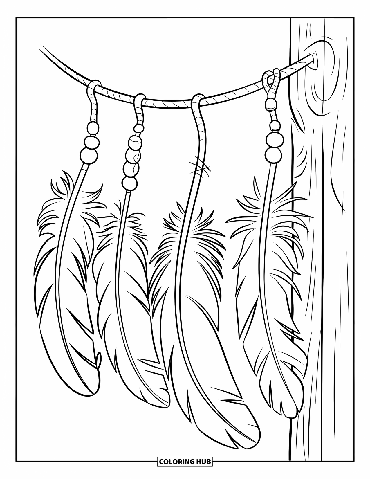 Feather Coloring Page for Kids: Feathers hanging with beads on a smooth string