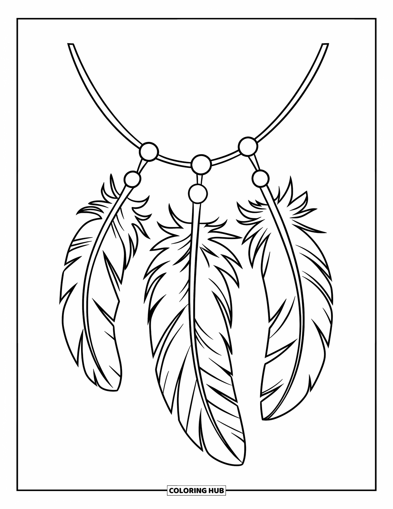 Feather Coloring Page for Kids: Feathers on a string with beads, tied to a wooden post