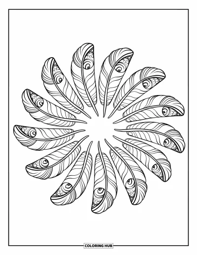 Desen de colorat cu pană pentru copii: Pene cu modele mandala, aranjate într-un design circular