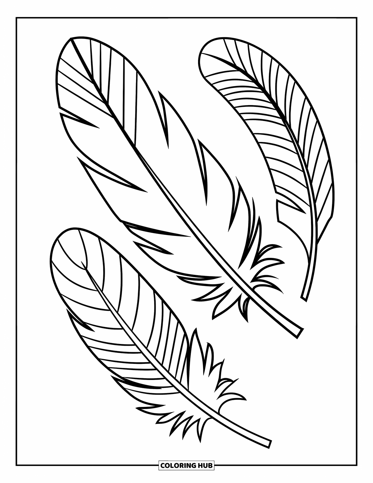 Feather Coloring Page for Kids: Three basic feathers with thick outlines and simple patterns