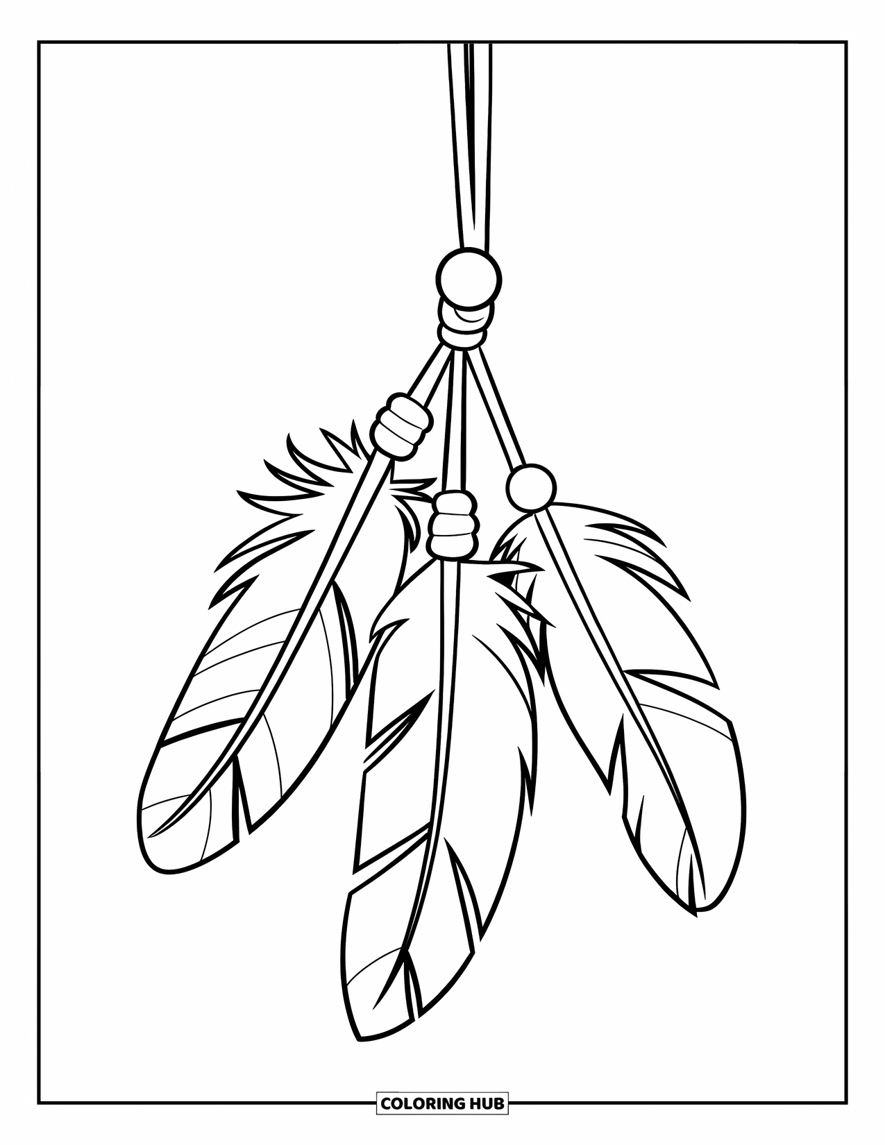 Feather Coloring Page for Kids: Three feathers with beads, hanging from a string