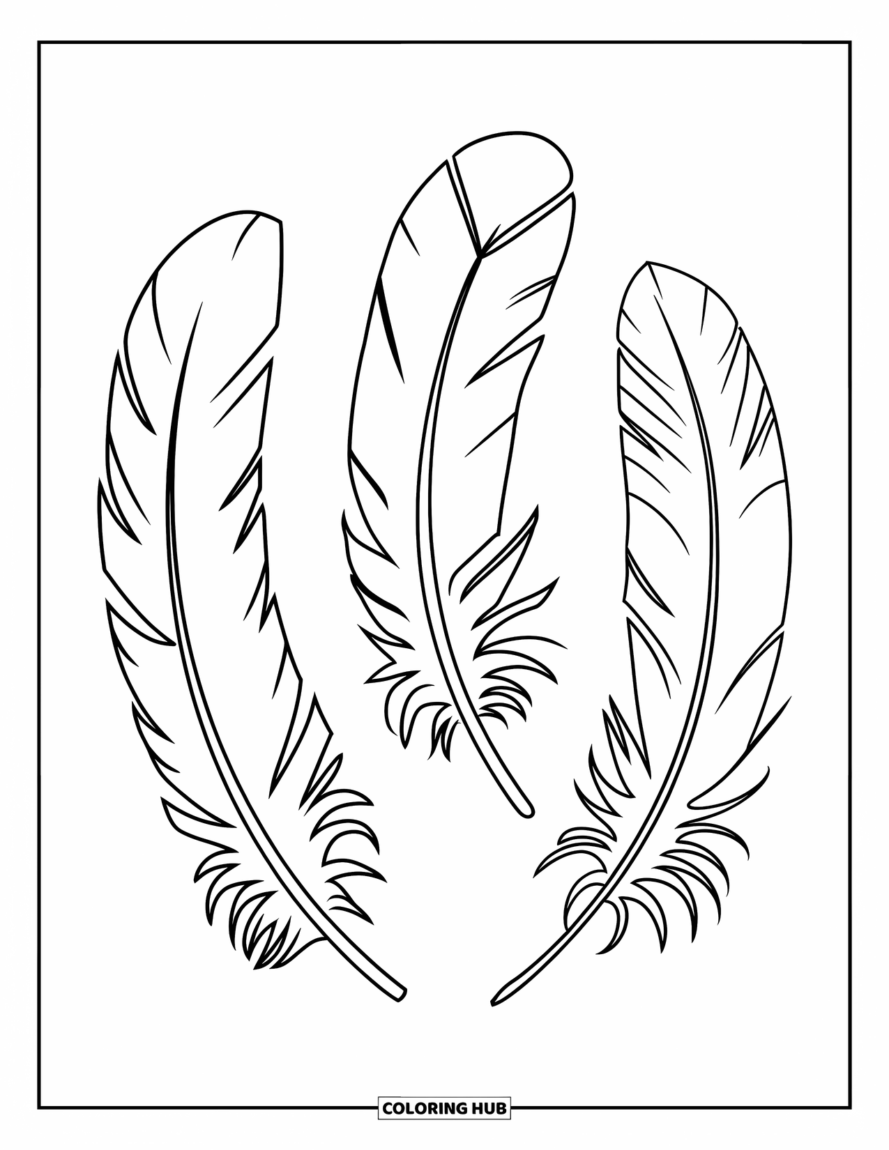 Feather Coloring Page for Kids: Three simple feathers with thick borders and patterns