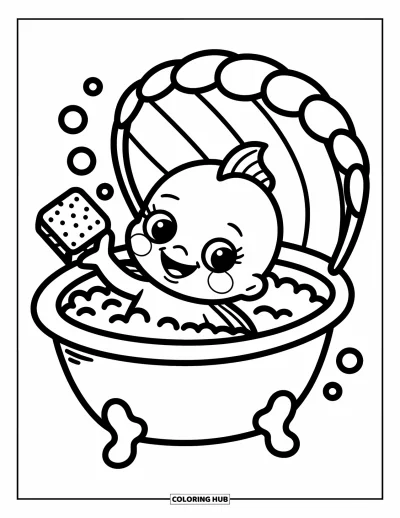 Fish Coloring Page for Adults: A baby fish splashes joyfully in a bubble-filled clamshell tub, balancing a tiny sponge on its head