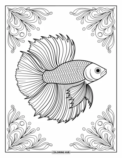 Fish Coloring Page for Adults: A beautifully detailed betta fish swims through a sea of elegant floral designs