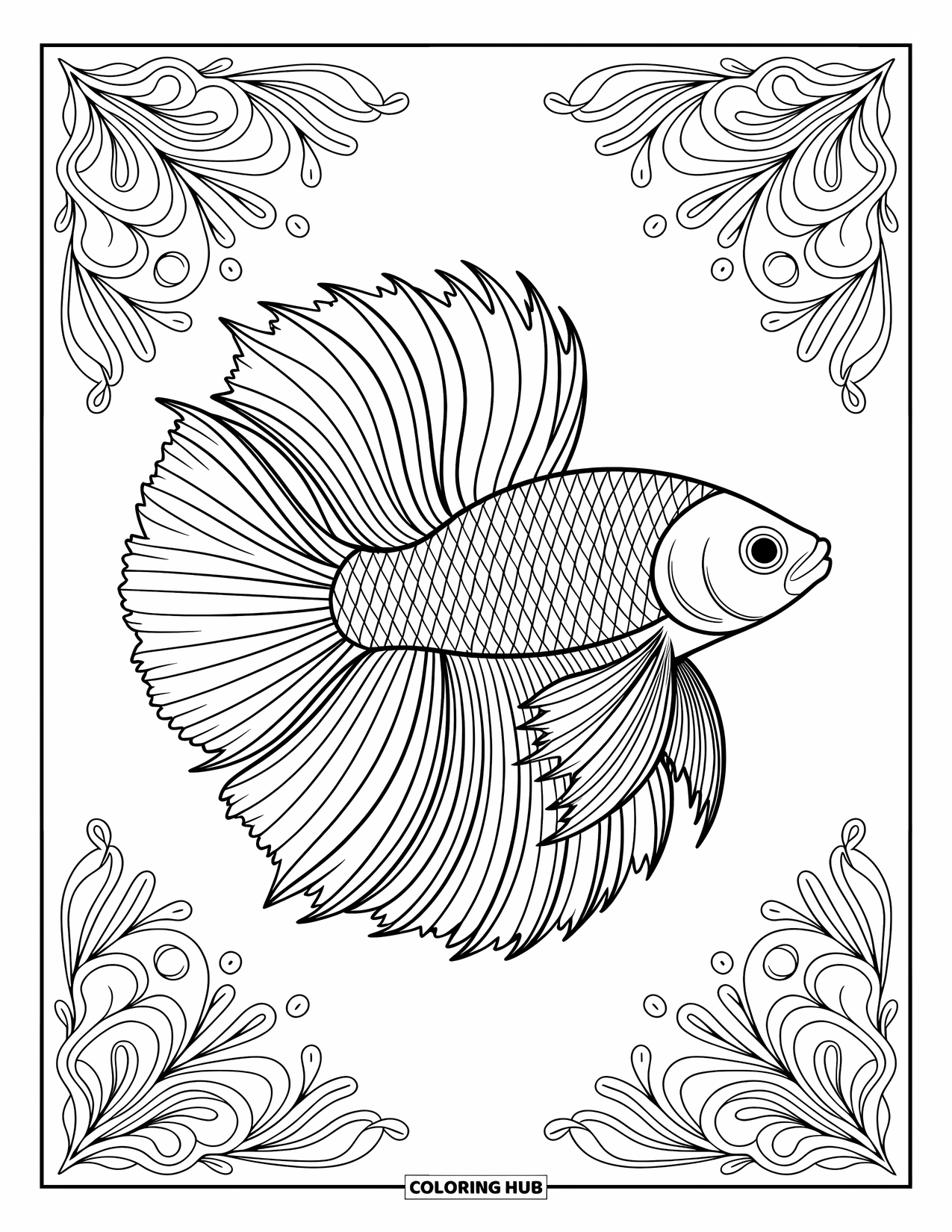 Disegno da colorare di pesci per adulti: Un pesce betta splendidamente dettagliato nuota attraverso un mare di eleganti disegni floreali