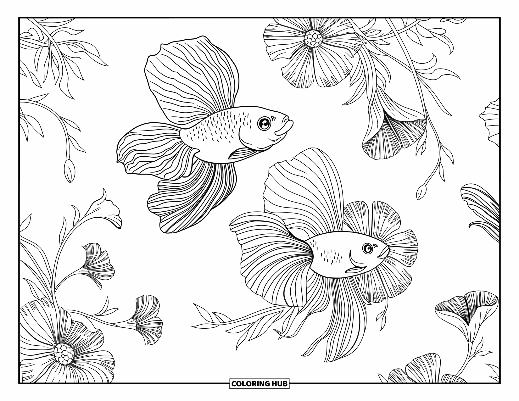 Disegno da colorare di pesci per adulti: Un pesce betta splendidamente dettagliato nuota attraverso vorticose fantasie floreali