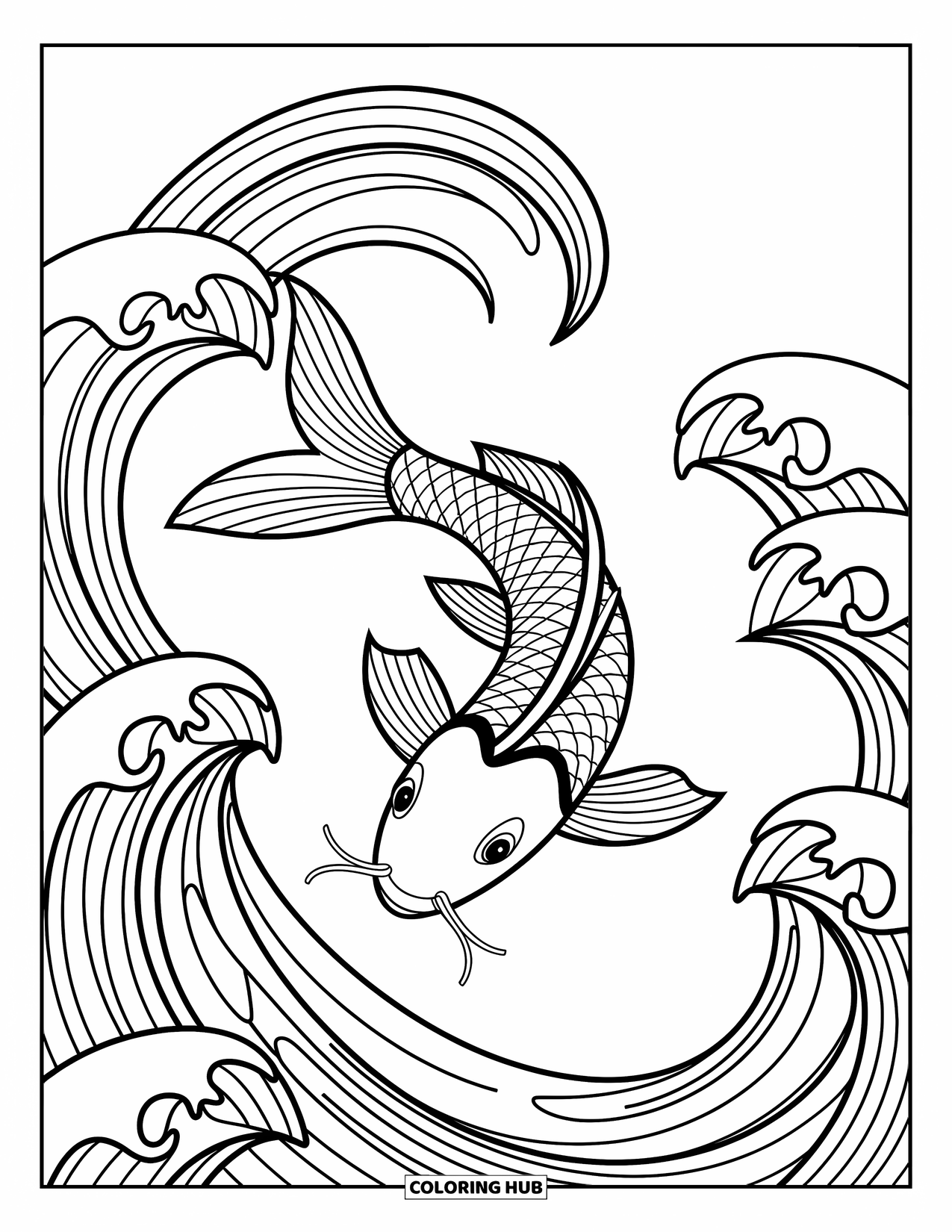 Disegno da colorare di pesci per adulti: Un pesce koi splendidamente dettagliato salta sopra onde stilizzate e vorticose