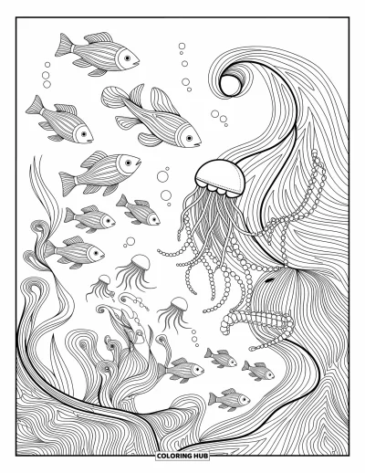 Fish Coloring Page for Adults: A beautifully detailed underwater scene filled with fish, jellyfish, and elegant patterns