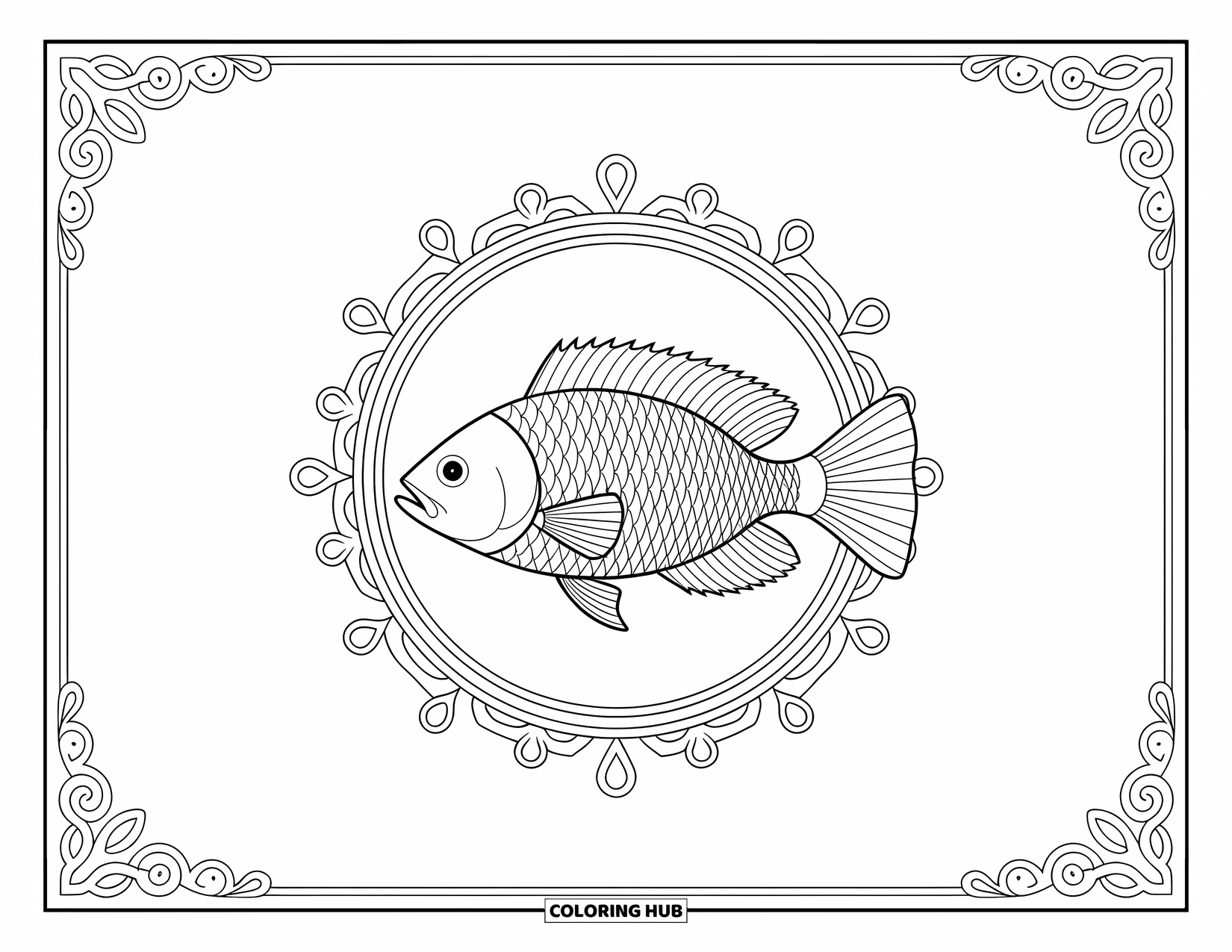 Disegno da colorare di pesci per adulti: Un pesce splendidamente decorato riposa al centro di un ornato disegno circolare