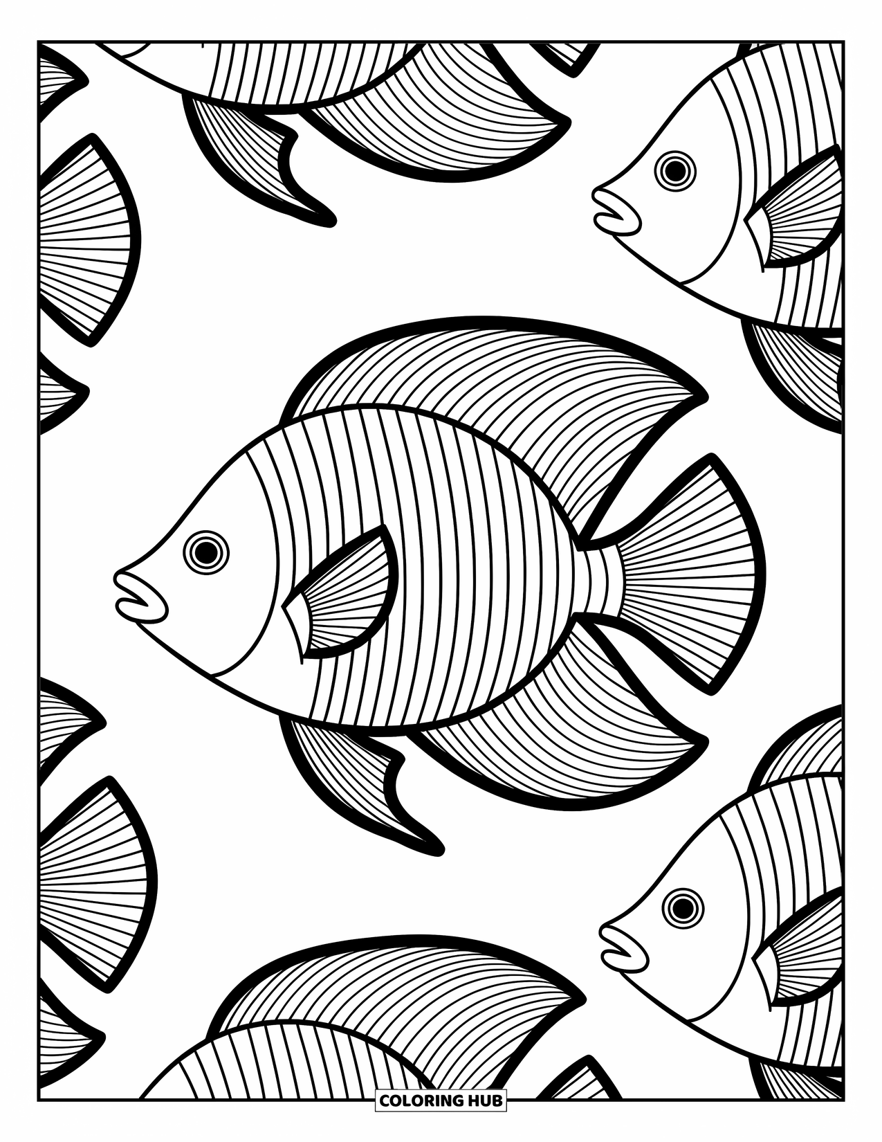 Disegno da colorare di pesci per adulti: Un pesce tropicale splendidamente decorato fluttua con grazia in una composizione ornata