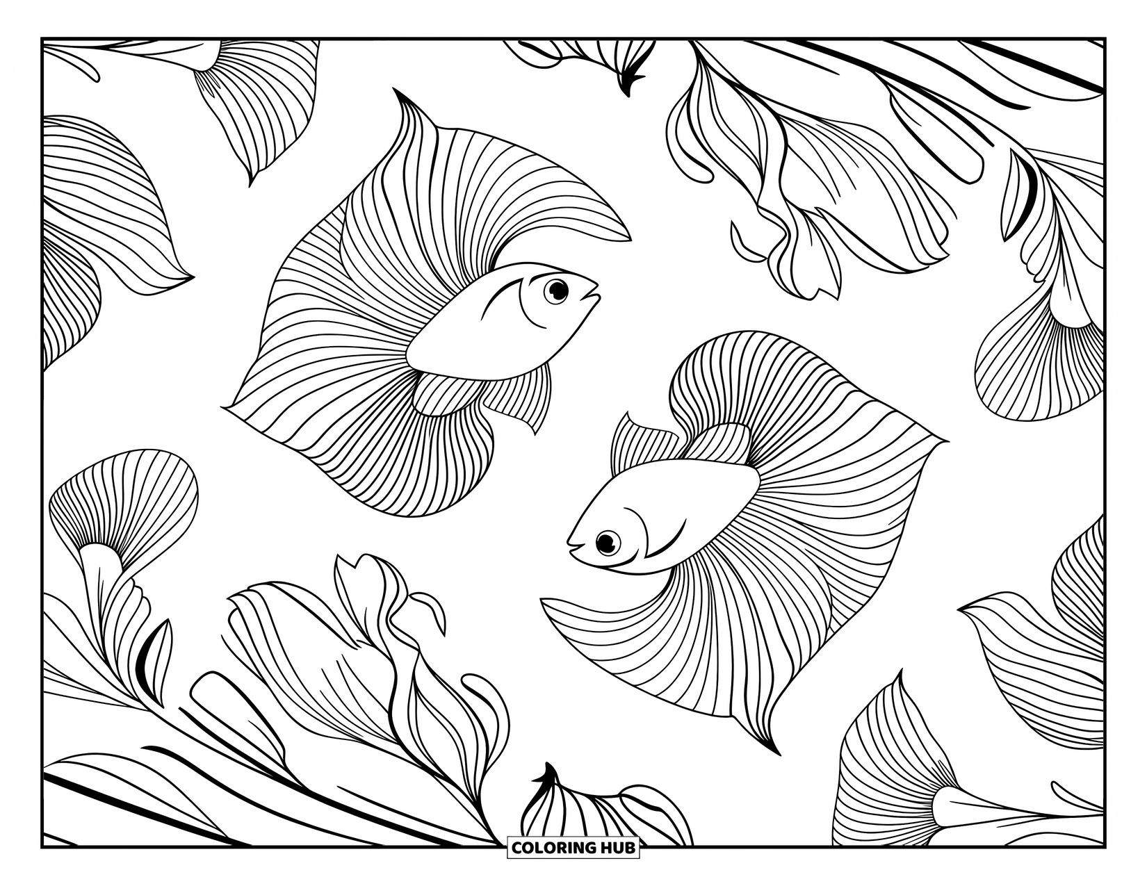 Disegno da colorare di pesci per adulti: Un pesce betta fluttua tra delicati motivi floreali vorticosi in un design rilassante