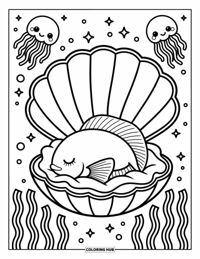 Fish Coloring Page for Adults: A betta fish nestles inside a cozy seashell, surrounded by twinkling jellyfish and soft bubbles