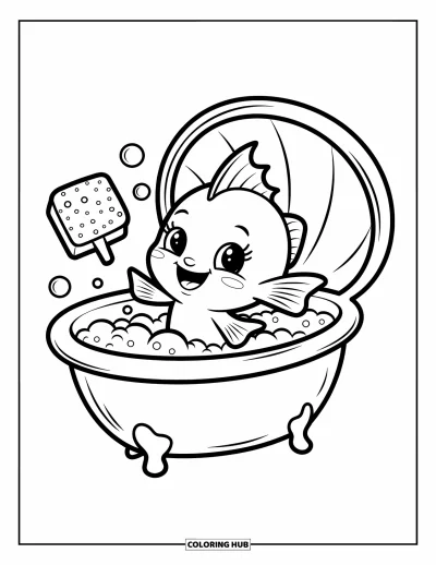 Fish Coloring Page for Adults: A cheerful baby fish splashes in a clamshell tub, making bubbles fly everywhere in delight