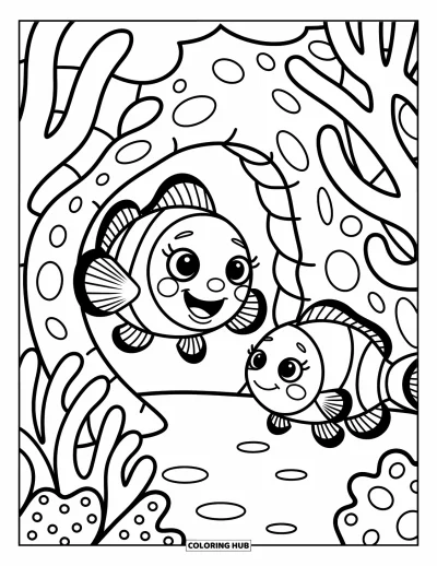 Fish Coloring Page for Adults: A clownfish peeks out from twisty coral caves, surrounded by soft, rounded underwater formations